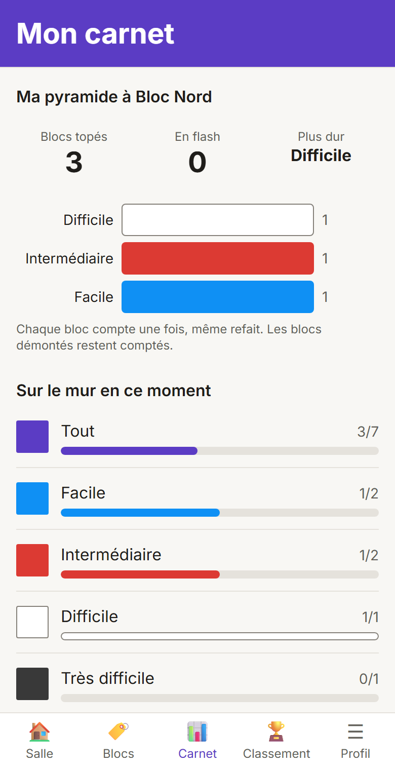Écran « Mon carnet » de Réglette : pyramide des blocs topés par niveau